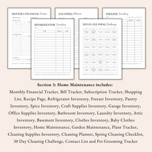 home maintenance planner, home organisation planner, financial tracker, bill tracker, shopping list, recipe page, kitchen inventory, cleaning planner, spring cleaning checklist, cleaning challenge, contact list, pet grooming tracker