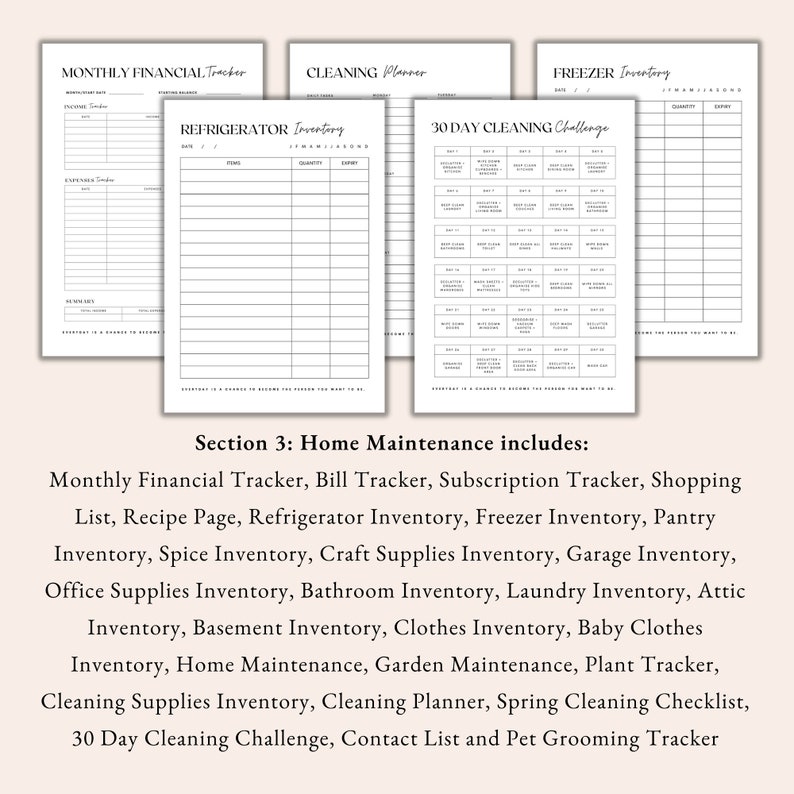 home maintenance planner, home organisation planner, financial tracker, bill tracker, shopping list, recipe page, kitchen inventory, cleaning planner, spring cleaning checklist, cleaning challenge, contact list, pet grooming tracker