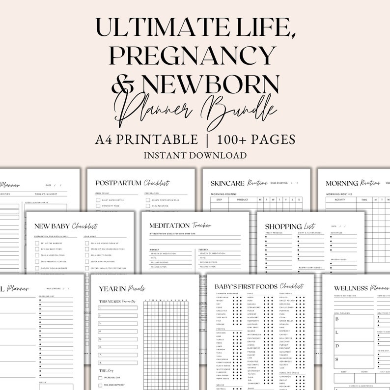Pu&ograve; includere: Un set di planner stampabili in bianco e nero per la gravidanza e la cura del neonato. Il set include checklist, tracker e routine per il post-partum, la cura della pelle, la mattina, la meditazione, lo shopping, i primi cibi del bambino e il benessere.
