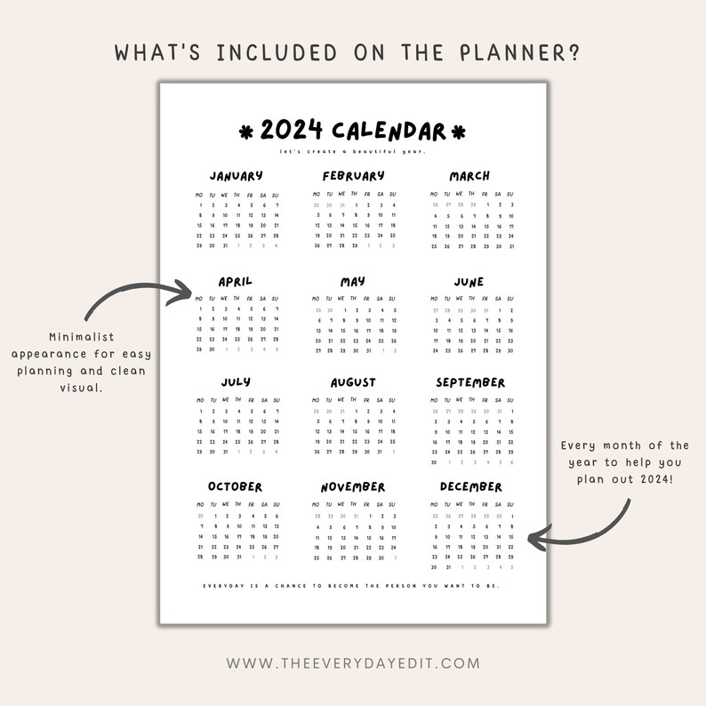 2024 Year at A Glance Printable, 2024 Planner Printable, 2024 Calendar