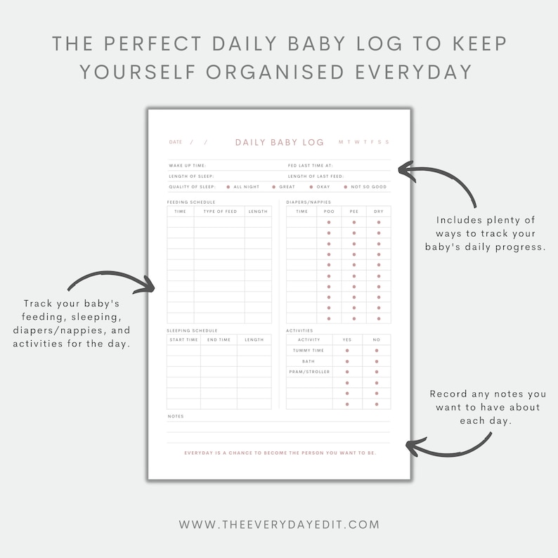 daily baby log printable, daily baby planner, daily planner printable, new mom planner, daily mom planner, caretaker log, nanny log, babysitter log, newborn log, toddler log, newborn planner, daily newborn log, planner insert printable