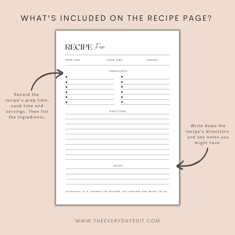 recipe page printable, recipe template printable, recipe book, cookbook printable, minimalist recipe book, minimalist cookbook, farmhouse recipe book, farmhouse cookbook, black and white recipe page, recipe template, recipe kit