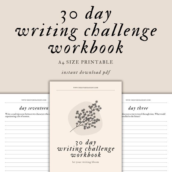 30 Day Writing Challenge Workbook Printable, Book Writing Prompts, Journal Prompts, Creative Writing Challenge, Instant Download PDF