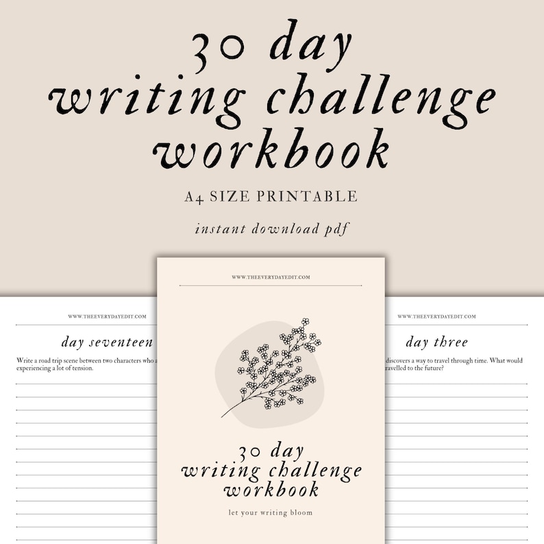 30 day writing challenge workbook printable, writer challenge, writing journal, prompt list, writing prompts, journal prompts, writing workbook, plan a book, book planner, writing planner, writer planner