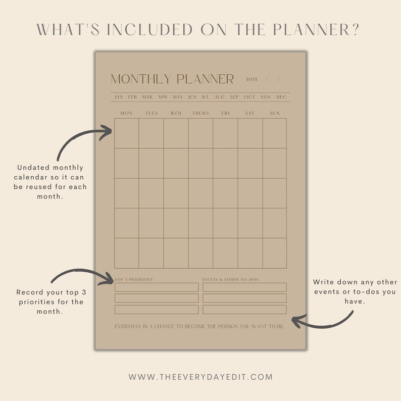 Undated Monthly Planner Printable Monthly Calendar Printable - Etsy