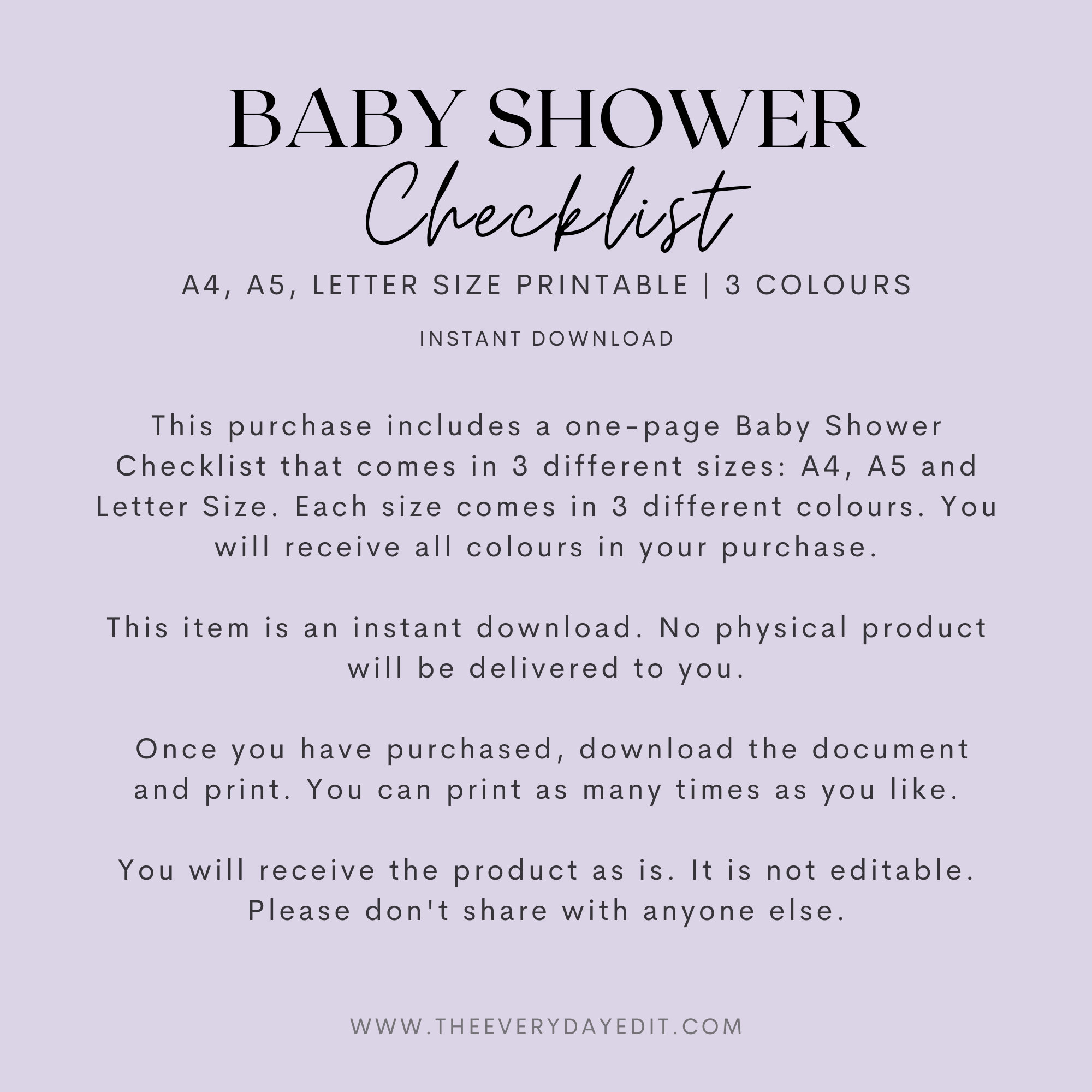 Baby Shower Checklist Printable, Baby Shower Planner Printable, Baby