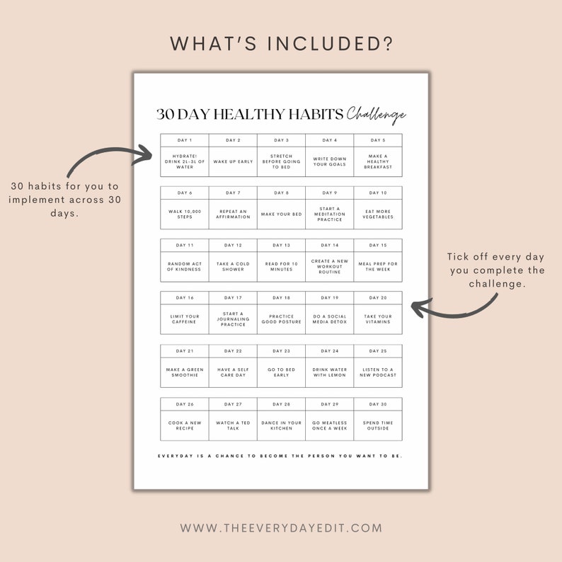 30 day healthy habits challenge tracker printable, 30 day challenge, health tracker, wellness tracker, that girl tracker, habit tracker