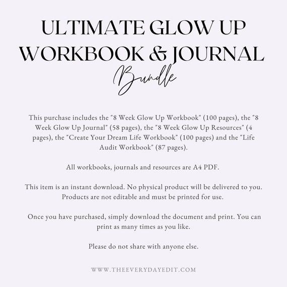 Paquete definitivo de libros de trabajo Glow Up, indicaciones del diario Glow  Up, libro de trabajo