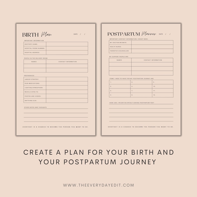 printable birth plan, printable postpartum planner
