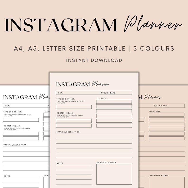 K&ouml;nnte beinhalten: Druckbarer Instagram-Planer mit Abschnitten f&uuml;r Idee, Art des Inhalts, Inhaltsziele, Bildunterschrift/Beschreibung, Ver&ouml;ffentlichungsdatum, To-Do-Liste, Notizen und Hashtags & Links. Der Planer ist in den Gr&ouml;&szlig;en A4, A5 und Letter erh&auml;ltlich.