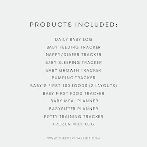 daily baby log, baby feeding tracker, nappy tracker, diaper tracker, baby sleeping tracker, sleep tracker, baby growth tracker, pumping tracker, breastfeeding tracker, baby's first 100 foods, baby first food tracker, baby meal planner, babysitter