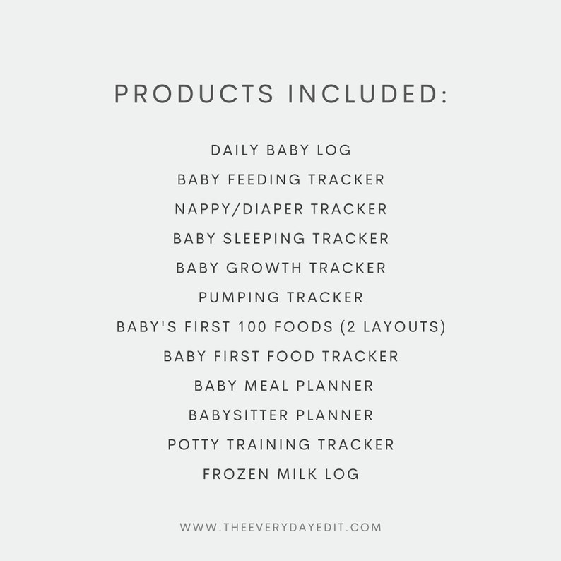 daily baby log, baby feeding tracker, nappy tracker, diaper tracker, baby sleeping tracker, sleep tracker, baby growth tracker, pumping tracker, breastfeeding tracker, baby's first 100 foods, baby first food tracker, baby meal planner, babysitter