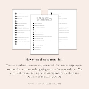 May include: A printable checklist with 365 bookstagram content ideas. The checklist is divided into two columns with prompts for book-related content. The title of the checklist is "365 Bookstagram Content Ideas".