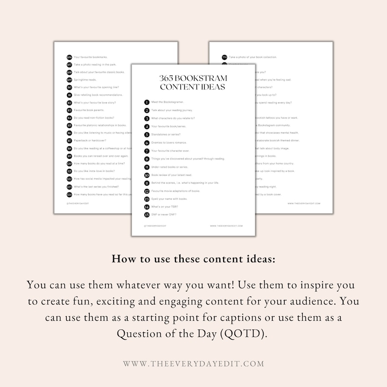 May include: A printable checklist with 365 bookstagram content ideas. The checklist is divided into two columns with prompts for book-related content. The title of the checklist is "365 Bookstagram Content Ideas".