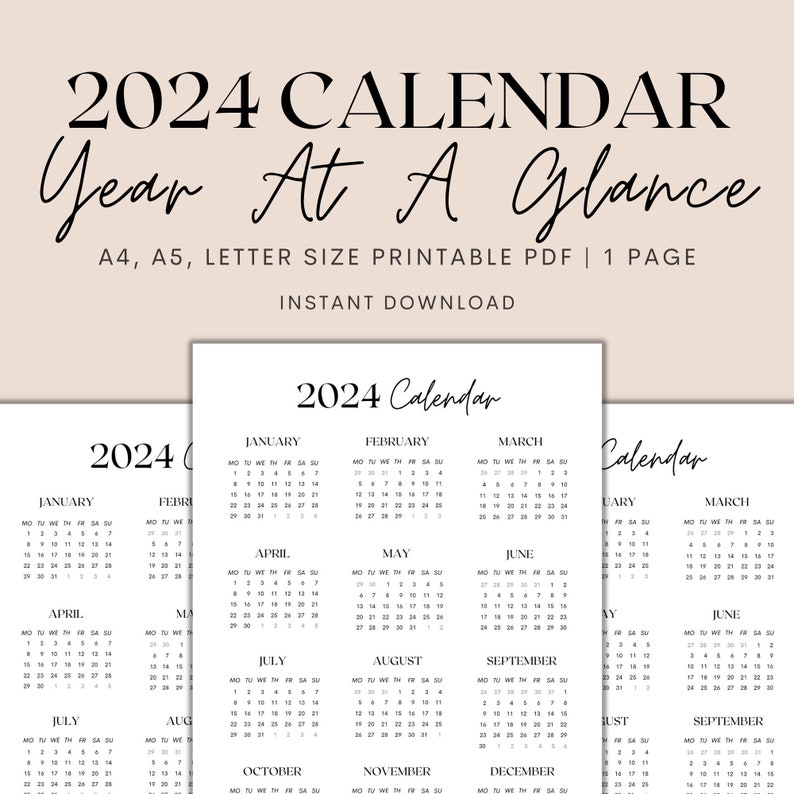 2024 Year at A Glance, 2024 Calendar Printable, Minimalist Calendar