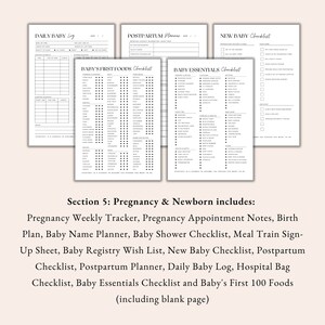 pregnancy weekly tracker, birth plan planner, baby name planner, meal train sign up, baby shower checklist, postpartum planner, hospital bag checklist, baby essentials checklist, baby first 100 foods, daily baby log, baby registry