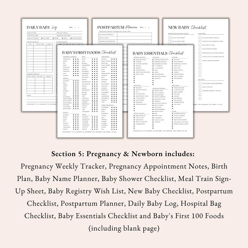 pregnancy weekly tracker, birth plan planner, baby name planner, meal train sign up, baby shower checklist, postpartum planner, hospital bag checklist, baby essentials checklist, baby first 100 foods, daily baby log, baby registry