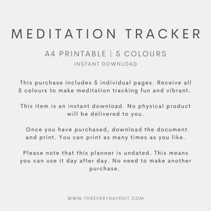 K&ouml;nnte beinhalten: Ein druckbarer Meditationstracker mit dem Text "MEDITATION TRACKER" oben. Der Text "A4 PRINTABLE | 5 COLOURS" steht darunter, gefolgt von "INSTANT DOWNLOAD". Die Beschreibung besagt, dass es 5 Seiten enth&auml;lt und ein sofortiger Download ist.