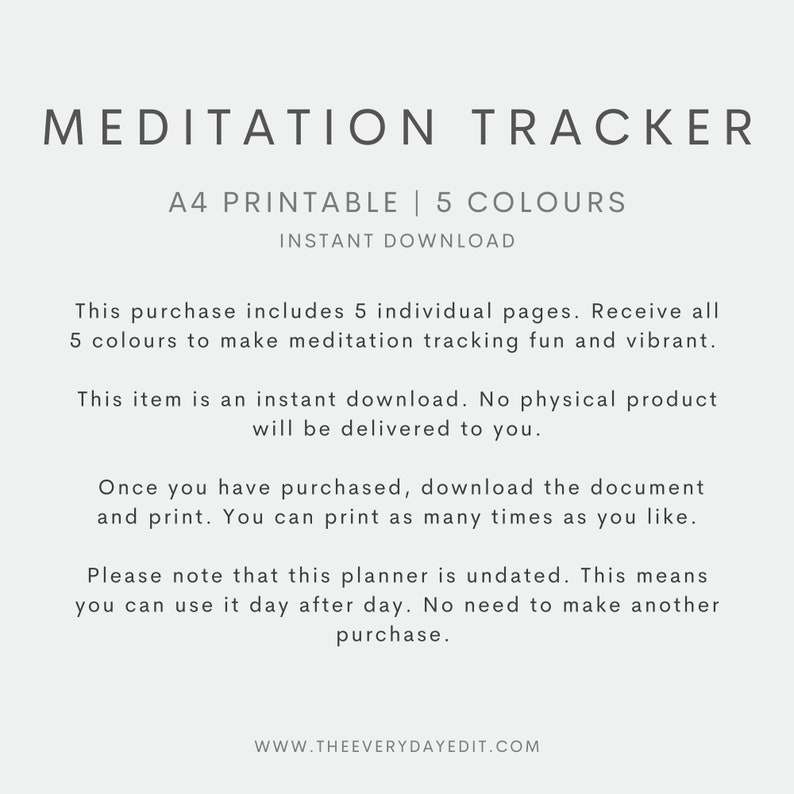 K&ouml;nnte beinhalten: Ein druckbarer Meditationstracker mit dem Text "MEDITATION TRACKER" oben. Der Text "A4 PRINTABLE | 5 COLOURS" steht darunter, gefolgt von "INSTANT DOWNLOAD". Die Beschreibung besagt, dass es 5 Seiten enth&auml;lt und ein sofortiger Download ist.