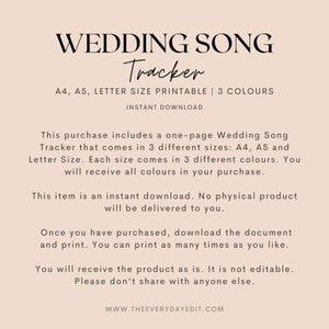 Op de afbeelding: Printbare Wedding Song Tracker in A4, A5 en Letter formaten. Deze instant download bevat drie verschillende kleur opties.
