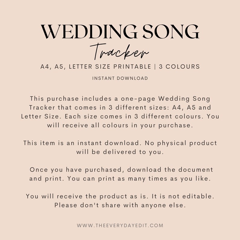 Op de afbeelding: Printbare Wedding Song Tracker in A4, A5 en Letter formaten. Deze instant download bevat drie verschillende kleur opties.