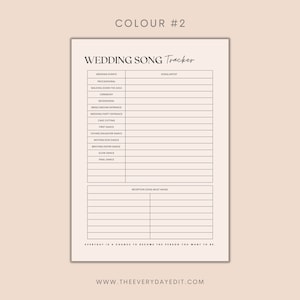 Op de afbeelding: Een afdrukbare checklist voor trouwliedjes met een zwart-wit ontwerp. De checklist bevat secties voor huwelijksgebeurtenissen zoals de processie, het naar het altaar lopen, de ceremonie, de terugtocht, de entree van de bruid/bruidegom, de entree van de bruiloftspartij, het aansnijden van de taart, de eerste dans, de vader-dochterdans, de moeder-zoondans, de broer-zusdans, de slowdance en de laatste dans. Er is ook een sectie voor must-haves voor receptieliedjes. De tekst "EVERYDAY IS A CHANCE TO BECOME THE PERSON YOU WANT TO BE." staat onderaan de pagina. De website "WWW.THEEVERYDAYEDIT.COM" staat onderaan de pagina.