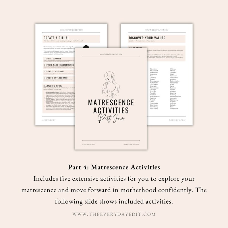 matrescence activities, motherhood journal prompts, matrescence journal prompts, journaling prompts for matrescence, journaling prompts for motherhood, discover your values, motherhood rituals, matrescence workbook, motherhood workbook