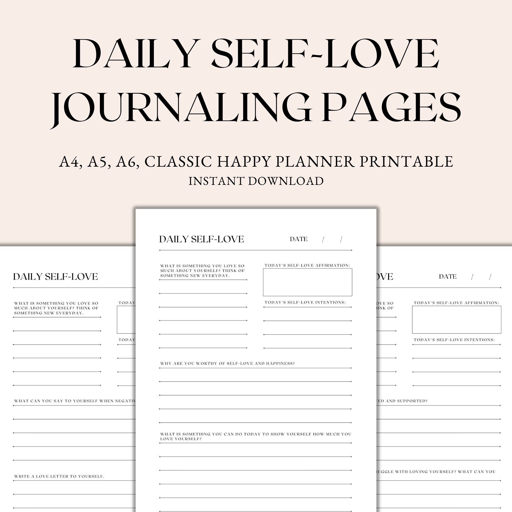 Daily Self-Love Journaling Pages Printable, Daily Journal Prompts, A4 A5 A6 Classic Happy Planner Instant Download PDF