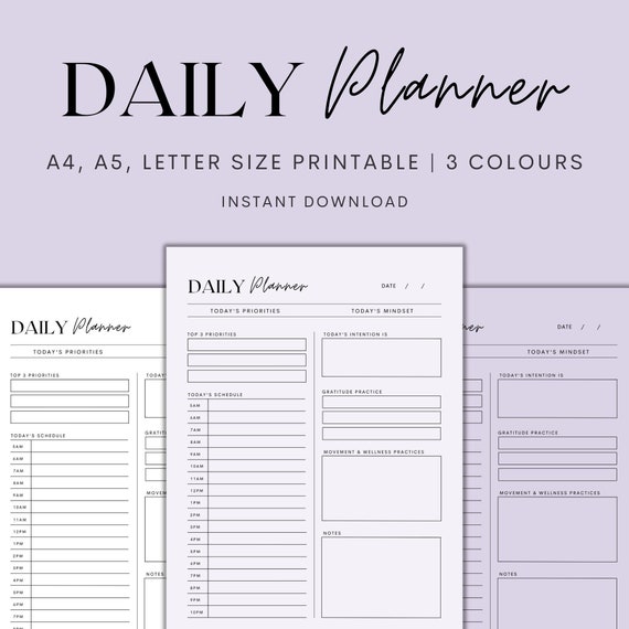 Daily Planner Printable, Daily Productivity Planner, Daily To-Do List, Minimalist Planner, Purple Planner, Instant Download PDF