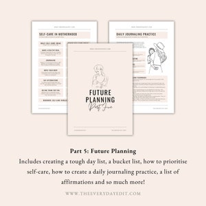 motherhood planner, self care in motherhood, daily journaling practice, journal prompts, bucket list, list of affirmations, motherhood tracker, matrescence planner, matrescence tracker, journal practice, future planning, goal planning
