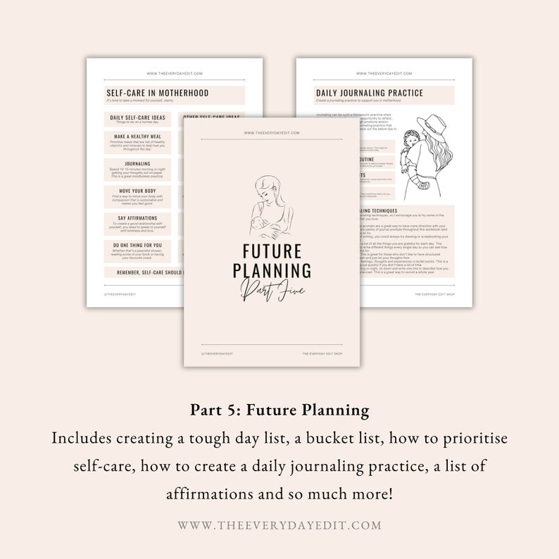 motherhood planner, self care in motherhood, daily journaling practice, journal prompts, bucket list, list of affirmations, motherhood tracker, matrescence planner, matrescence tracker, journal practice, future planning, goal planning