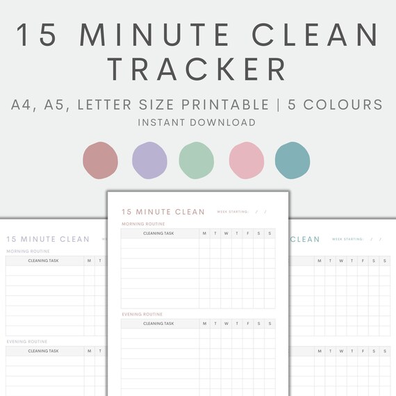 15 Minute Clean Tracker Printable, Cleaning Planner Printable, Cleaning Checklist, Cleaning Schedule, Chore Chart, Instant Download PDF