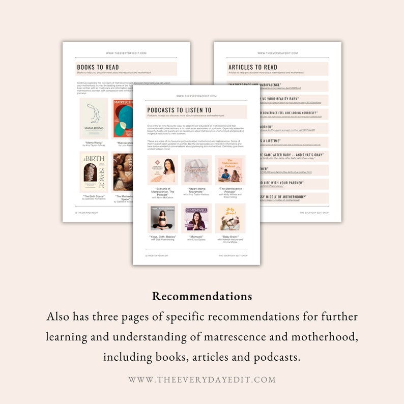 motherhood books, matrescence book recommendations, motherhood podcasts, motherhood podcast recommendations, motherhood recommendations, matrescence workbook, motherhood workbook, articles about motherhood, articles about matrescence