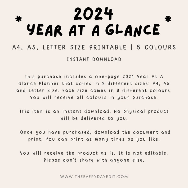 2024 Year at A Glance Printable 2024 Planner Printable 2024 Etsy Hong