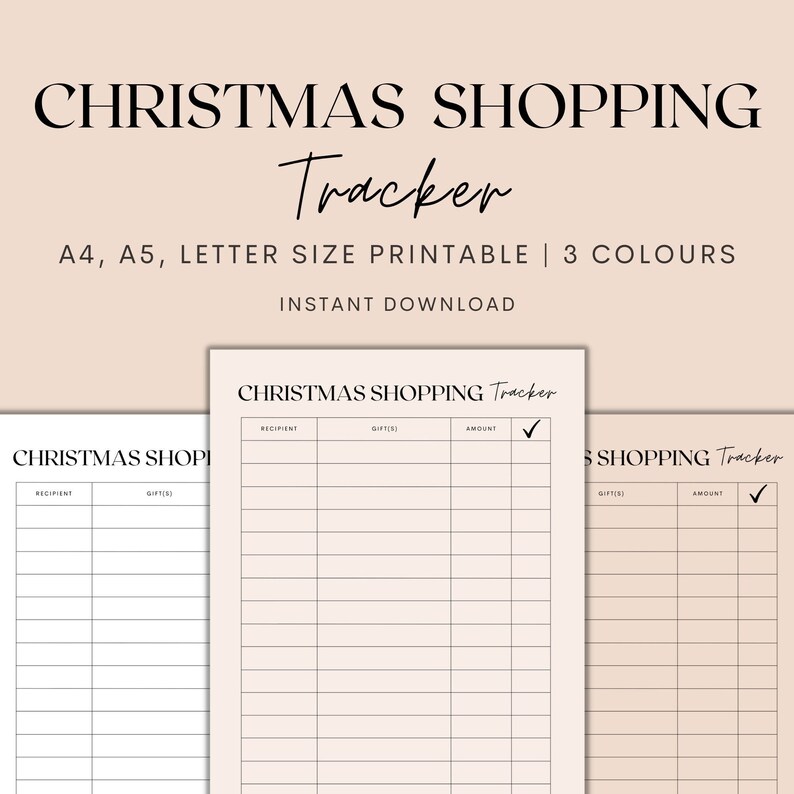 May include: Printable Christmas shopping tracker with three columns labeled "Recipient", "Gift(s)", and "Amount". The tracker has a checkmark in the "Amount" column.