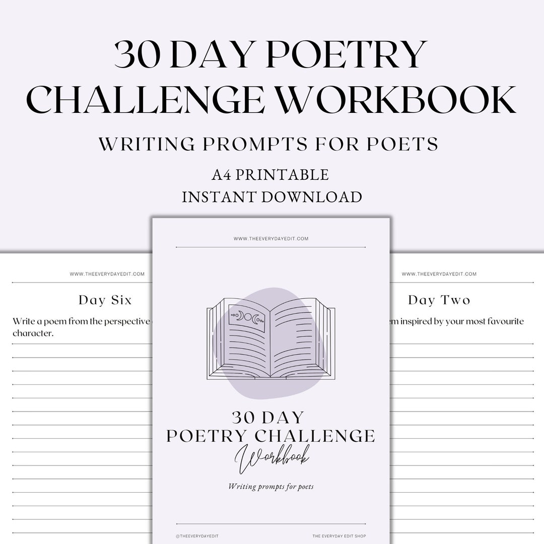30 Day Poetry Challenge Workbook Printable, Poetry Prompts, Writing