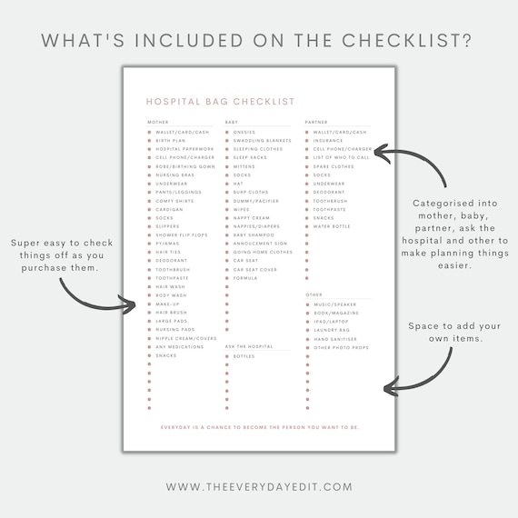 Maternity Hospital Bag Checklist printable Word Document 