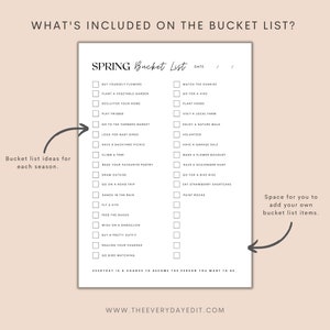 minimalist bucket list, bucket list ideas, spring bucket list, summer bucket list, winter bucket list, autumn bucket list, life planner, seasonal planner printable, printable bucket list, bucket list tracker, bucket list planner