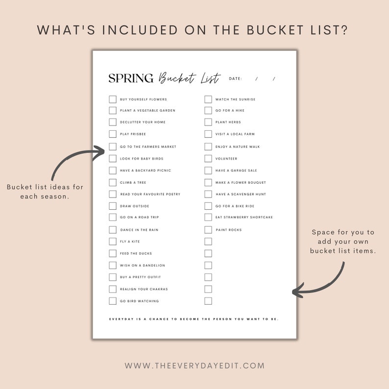 minimalist bucket list, bucket list ideas, spring bucket list, summer bucket list, winter bucket list, autumn bucket list, life planner, seasonal planner printable, printable bucket list, bucket list tracker, bucket list planner