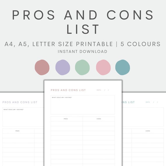 Pros and Cons List Printable, List Template, Planner Insert Printable, Life Planner Printable, Instant Download PDF