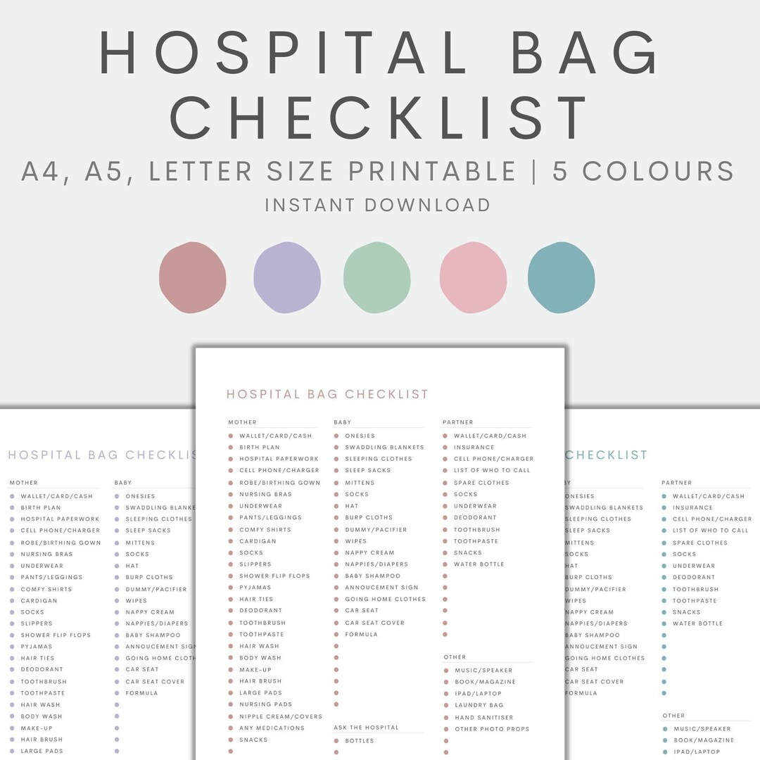Hospital Bag Checklist Printable, Birth Bag Packing List, Pregnancy ...