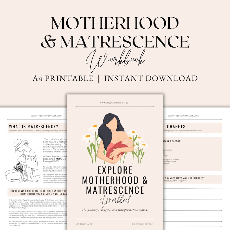 explore motherhood and matrescence workbook, motherhood workbook, motherhood journal printable, matrescence journal, journal prompts, journaling prompts, what is matrescence, new mom journal, postpartum journal, postpartum workbook