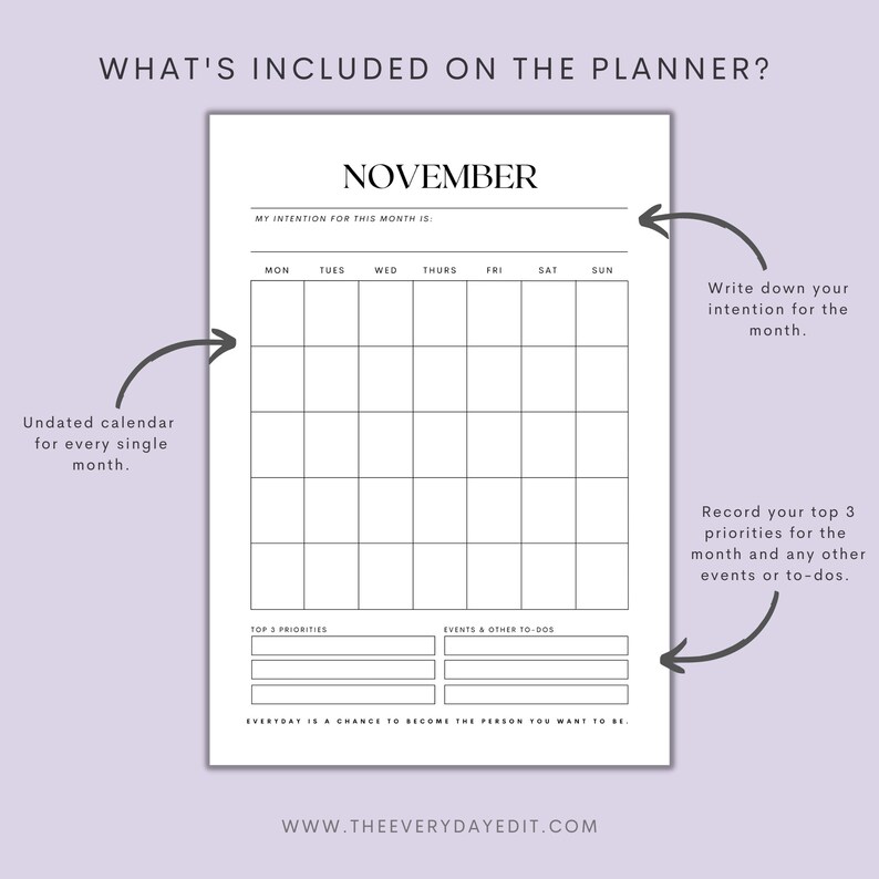 monthly calendar, monthly planner, undated monthly planner, printable yearly planner, printable yearly calendar, undated calendar, purple planner, minimalist planner, life planner, month at a glance, planner insert printable, printable planner
