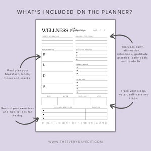 minimalist planner printable, purple planner, daily wellness planner printable, printable wellness tracker, black and white planner, printable daily planner, purple planner, meal planner, sleep tracker, health tracker, steps tracker, exercise