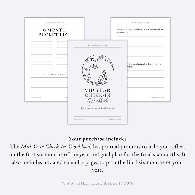 mid year check in workbook, life audit workbook, goal planner, self discovery journaling prompts, shadow work journal