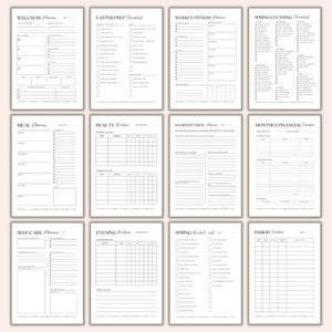May include: A printable planner with a variety of sections, including wellness, Easter prep, weekly fitness, spring cleaning, meal planning, beauty routine, manifestation, monthly financial tracker, self-care, evening routine, spring bucket list, and period tracker. Each section has a checklist or table format.