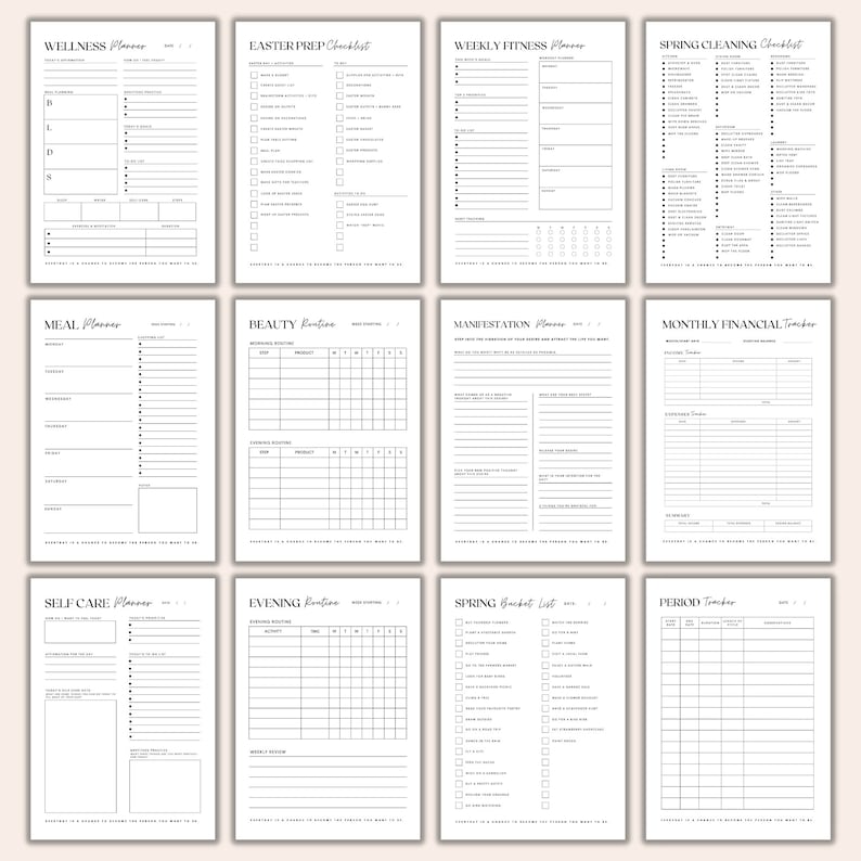 May include: A printable planner with a variety of sections, including wellness, Easter prep, weekly fitness, spring cleaning, meal planning, beauty routine, manifestation, monthly financial tracker, self-care, evening routine, spring bucket list, and period tracker. Each section has a checklist or table format.