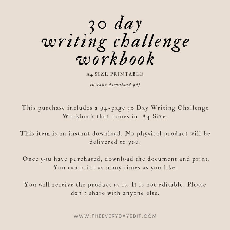30 day writing challenge workbook printable, instant download workbook for writers, writer challenge, writing challenge, writing prompts, fantasy writing prompts, character writing prompts, creative writing prompts