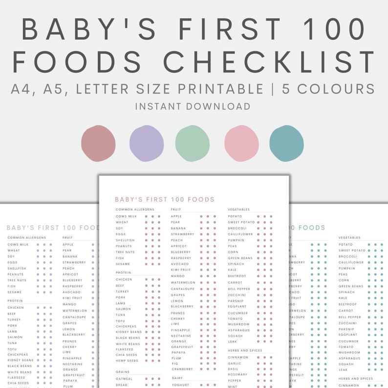 May include: A printable checklist of baby's first 100 foods, organised by common allergens, fruits, vegetables, and protein sources. The checklist is colour-coded with pink, purple, green, and blue dots to indicate whether a food has been introduced.