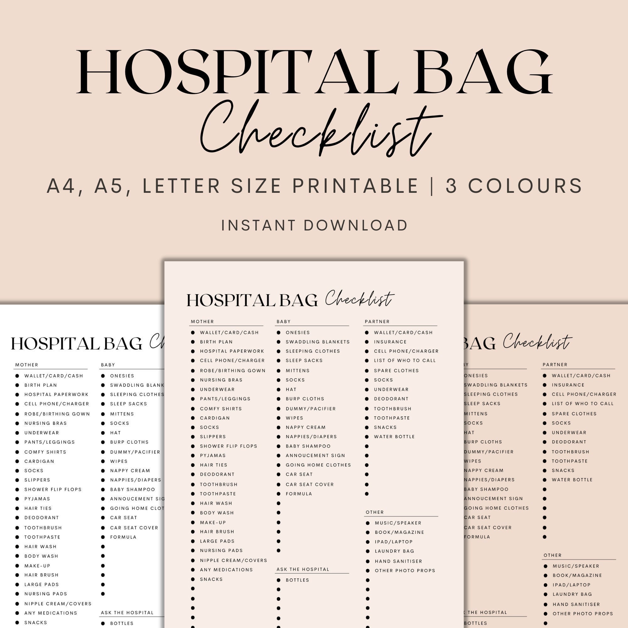 Hospital Bag Checklist Printable Birth Bag Packing List - Etsy Australia